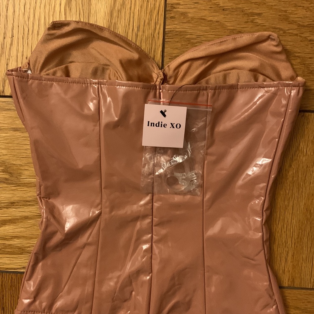 INDIE XO CANDY SHELL BROWN PU PATENT VINYL FAUX LEATHER BUSTIER BODYSUIT - Picture 5 of 16